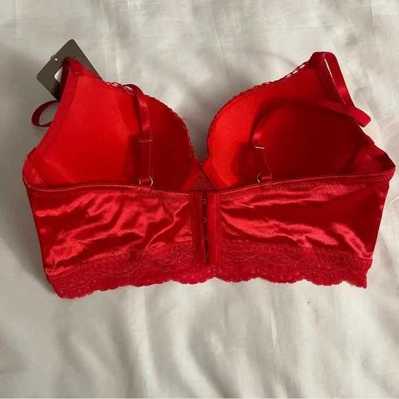 Red satin lace  long line bra and panty two piece set - Picture 3 of 7